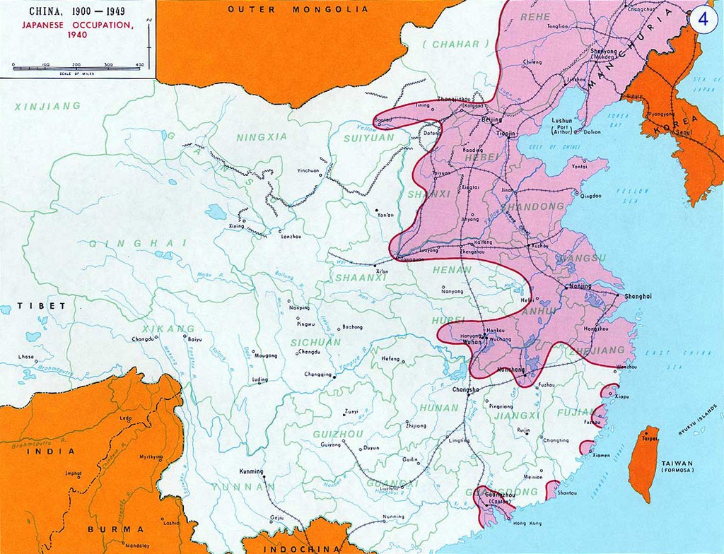 Mapa Číny počas okupácie japonskými vojskami v roku 1940 (foto: cs.wikipedia.org)