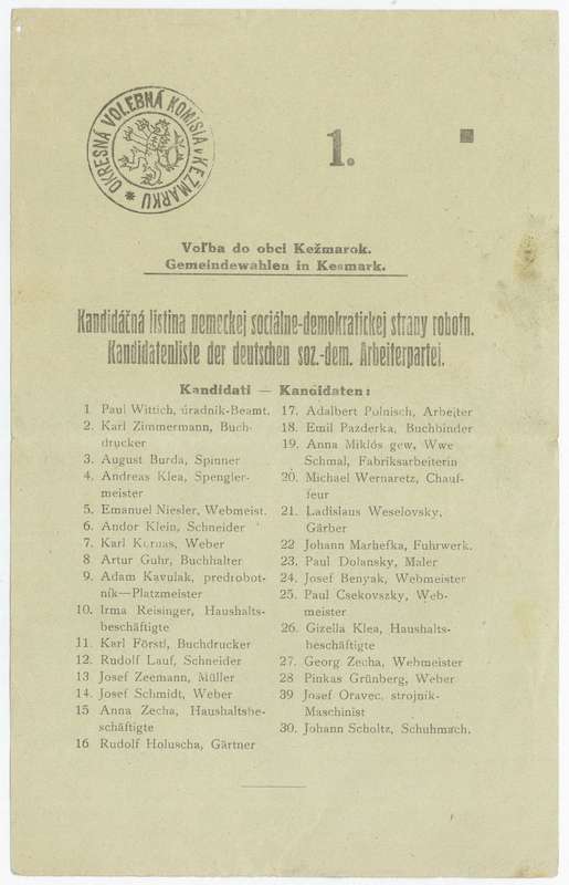 Kandidačná listina nemeckej sociálno-demokratickej strany robotníckej (Múzeum v Kežmarku)